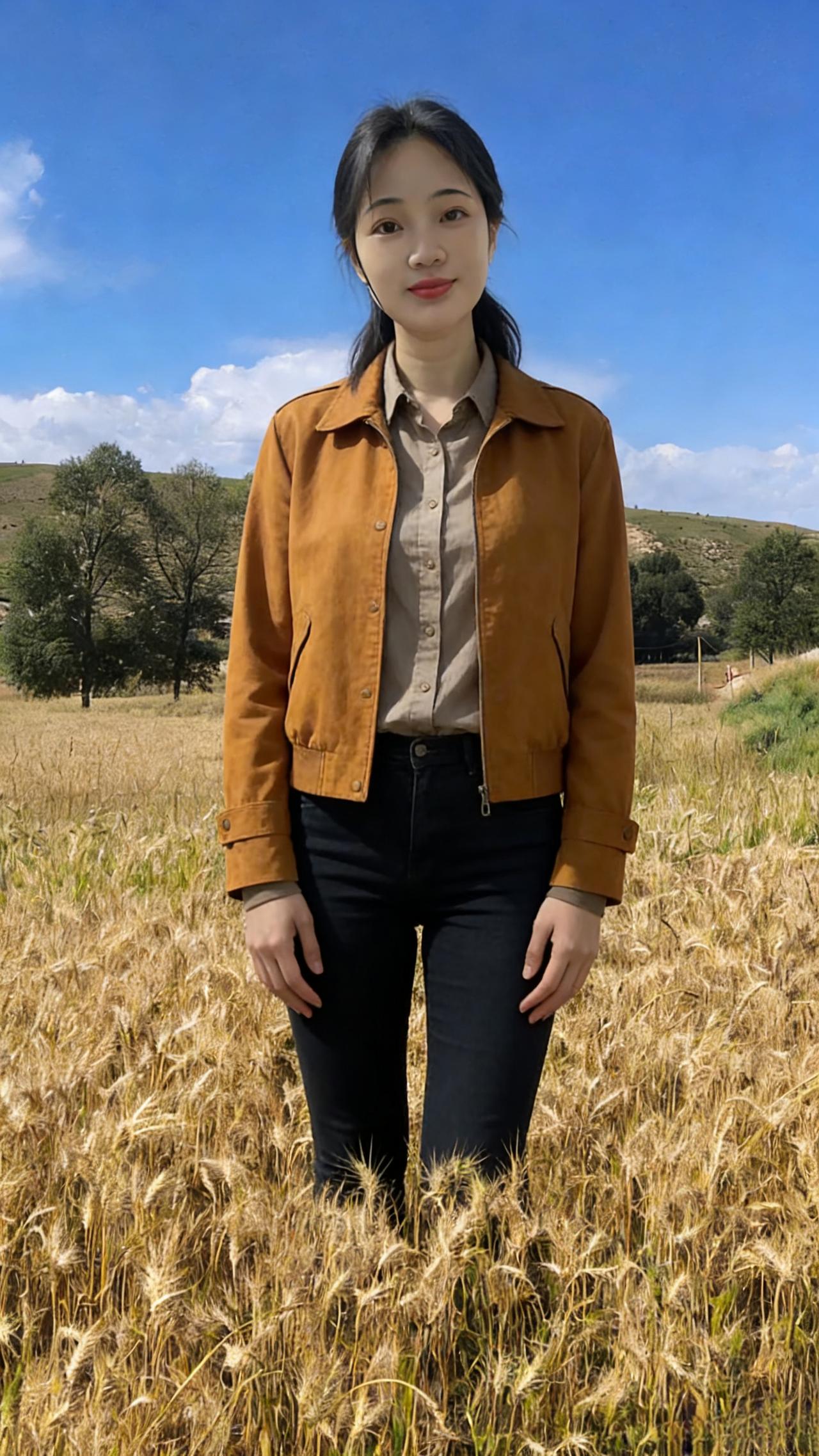 当褐色的夹克撞进金色的海
你便成了麦田里最生动的色块
指尖轻触麦芒的瞬间，阳光在