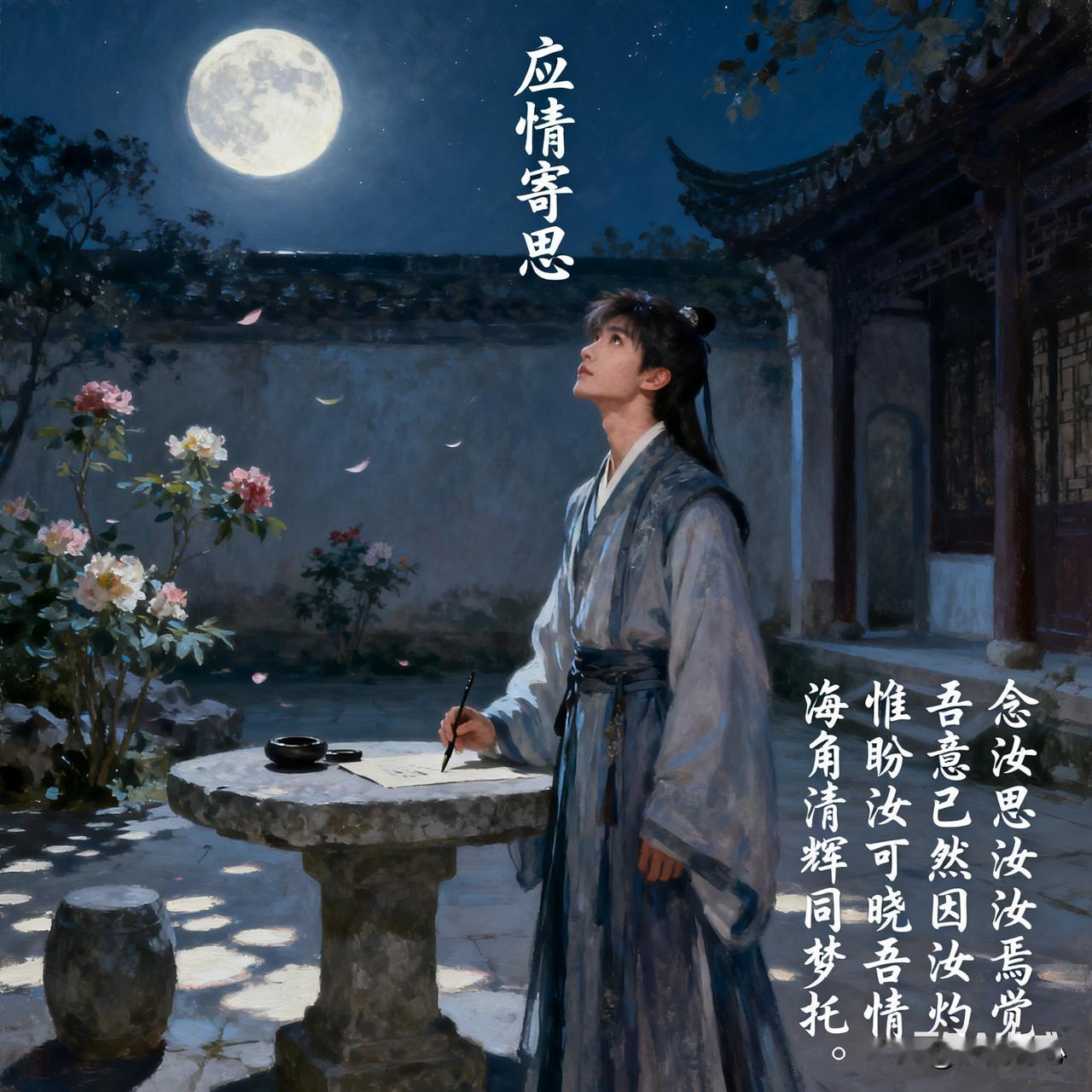 想君念君君可知，
我心早已为君痴。
但愿君能知我意，
天崖婵娟共相思。
《应情寄