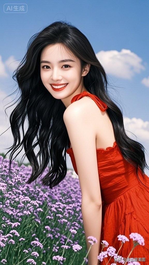 阳光下的甜美笑容，花海中的红衣少女