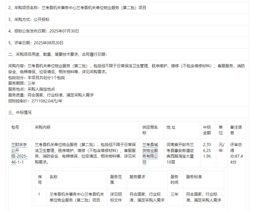 城市观察员兰考县机关事务中心兰考县机关单位物业服务（第二批）项目-中标公告，中标