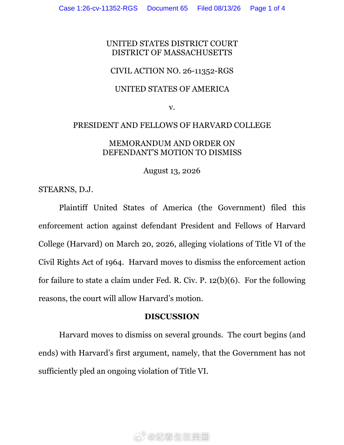 今天波士顿联邦法官 Richard G.Stearns 驳回了川普政府针对哈佛大