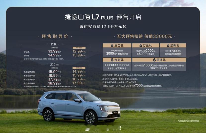 捷途山海 L7 Plus 版本今天开启预售了，全系依然分成 5 座和 7 座两种