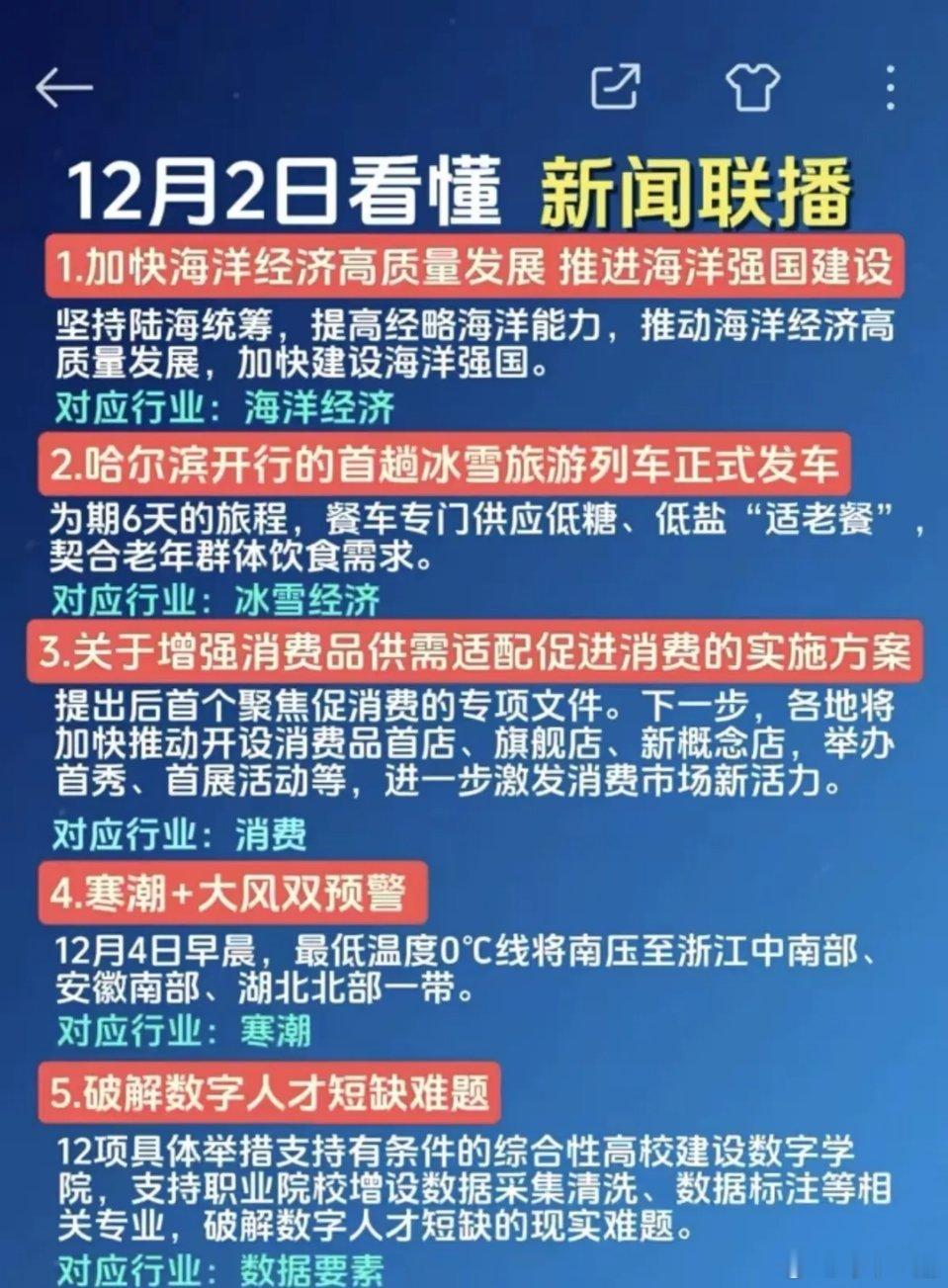 12月2日新闻联播要点梳理！一、加快海洋经济高质量发展，推进海洋强国建设坚持陆海