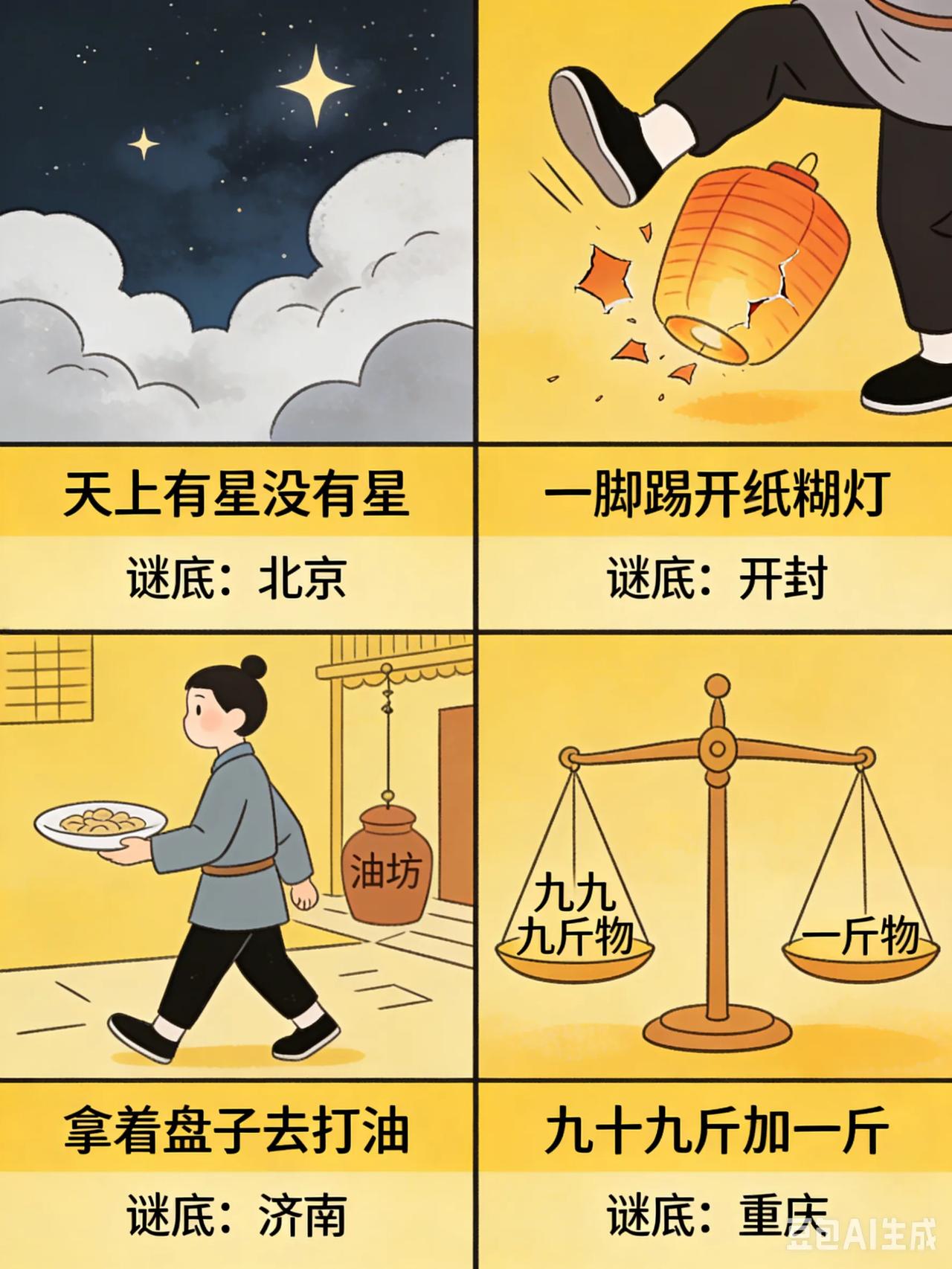 小时候上小学三年级，老师出了四句老谜语，猜四个城市。
就这一个谜语，实实在在困扰