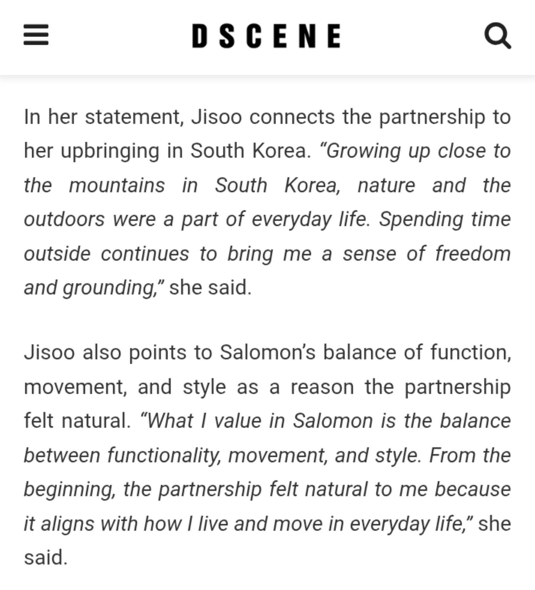 JISOO 谈成为 Salomon 全球代言人：“……我在 Salomon 中最
