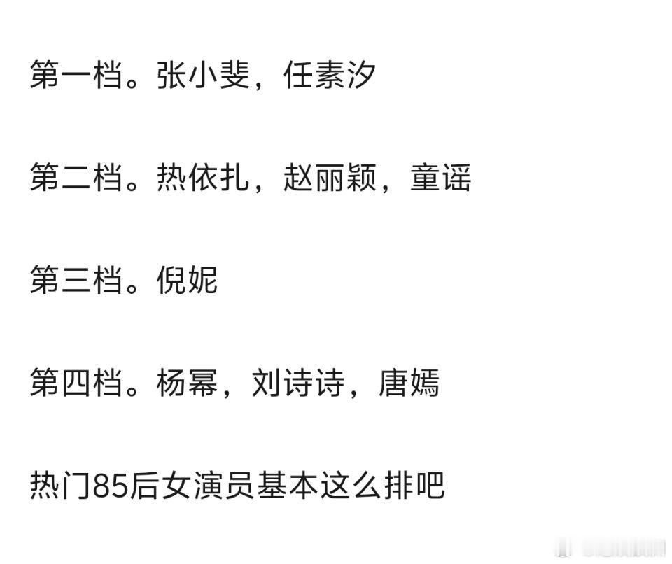 85花演员排名，只有赵丽颖位居第二档，杨幂唐嫣刘诗诗更是直接推到第四档了[吃惊]