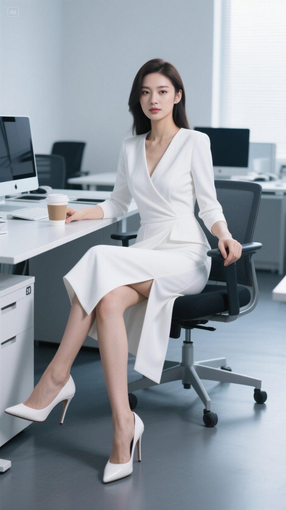 优雅白领风，白色连衣裙搭配高跟鞋，办公室里的时尚女王！
