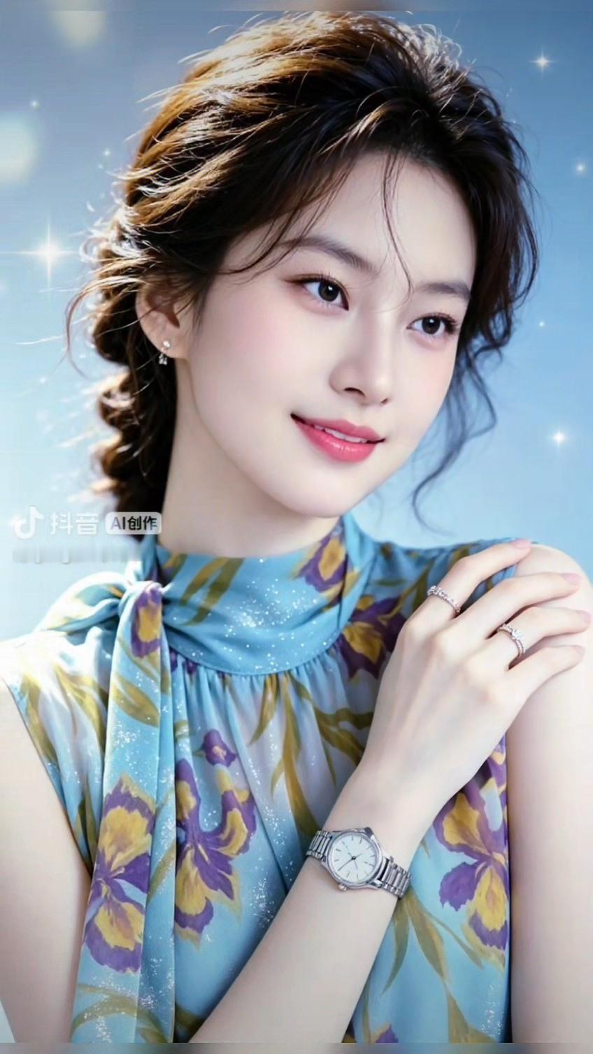 温柔甜美的少女，蓝色碎花裙搭配优雅手表，散发着迷人的魅力。💖✨