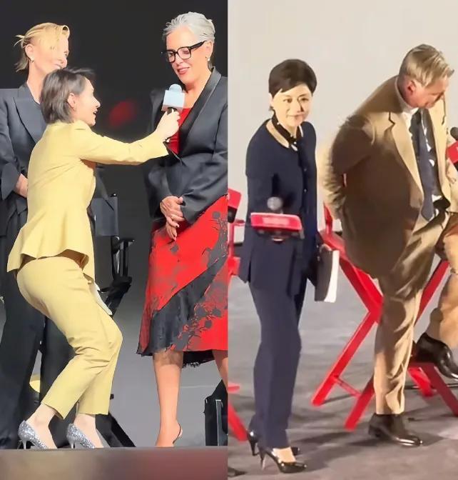 同一场首映礼，两张图刷屏了。陈璇全程半蹲递话筒杨澜站得笔直和诺兰聊天。一个蹲着仰