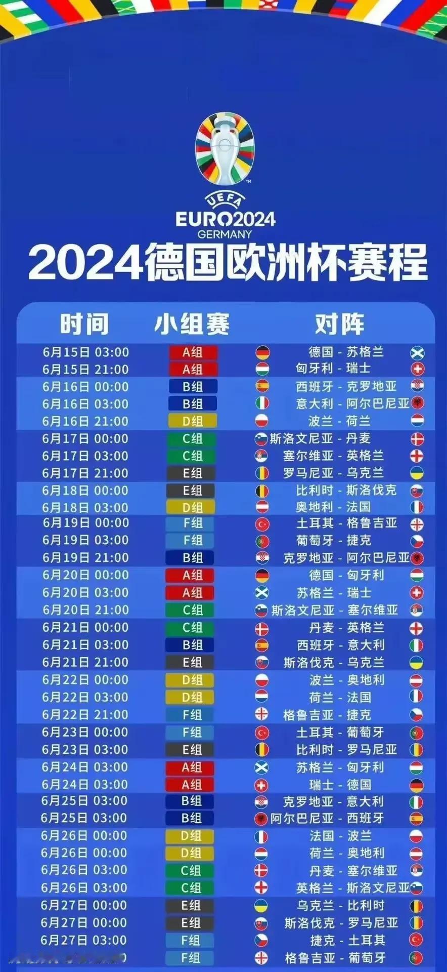 2024欧洲杯即将来临！
比赛时间对中国观众不太友好！
小组赛有几场九点的场次，