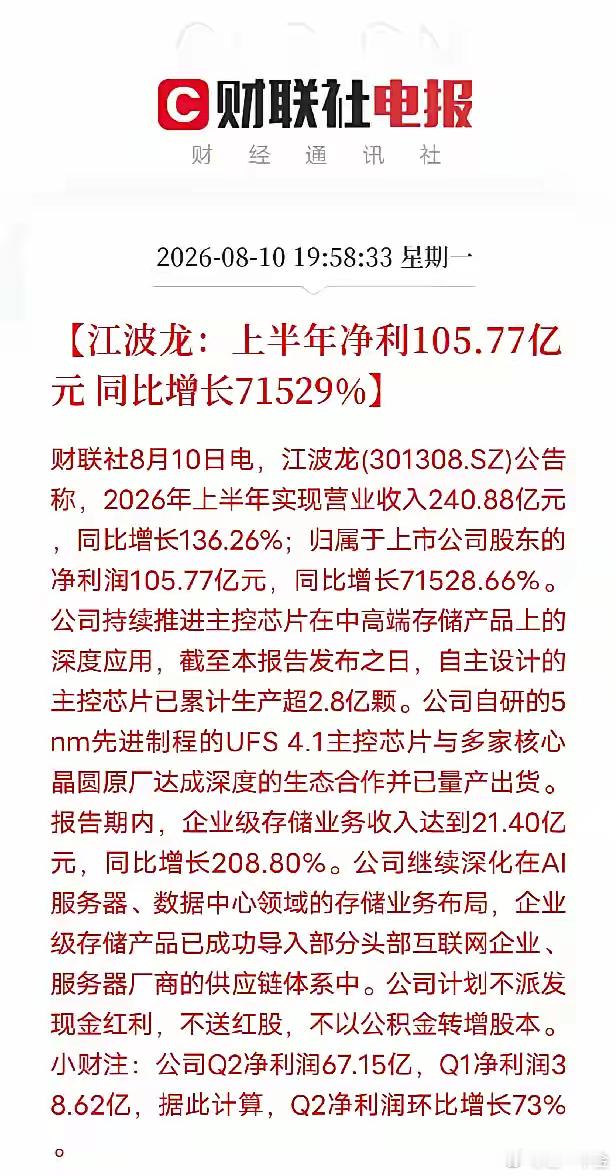 财报数据太震撼！净利润同比暴涨七万多倍，第一眼看着都吓人江波龙披露2026年半年