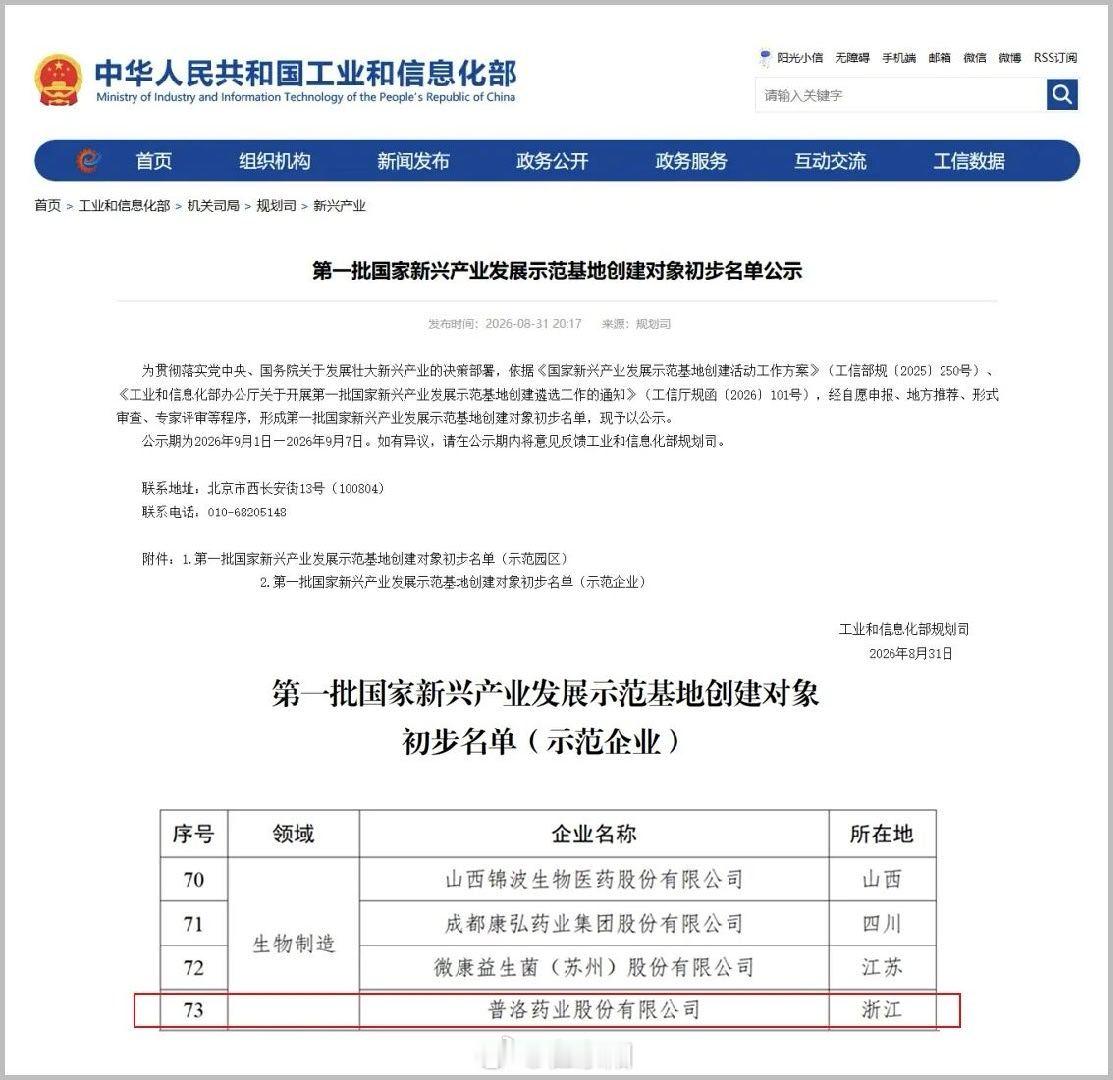东阳身边事 近日，工业和信息化部公示第一批国家新兴产业发展示范基地创建名单，普洛