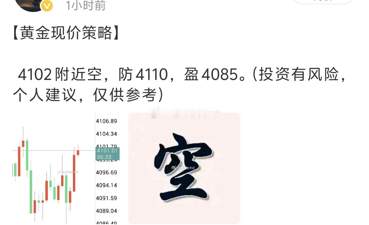 【黄金空单止盈160点离场】黄金4102附近进空，行情回落目标点4085附近获利