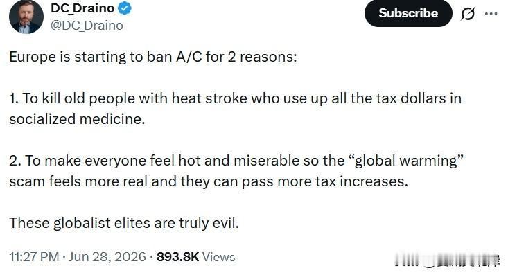 欧洲开始限制空调使用，背后有两个目的：
 
1. 任由老年人中暑身亡，以此削减公