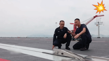 闽渔18号上展示电磁弹射“钩”（系统定子）的运作，弹出丝滑快速，刹停在电光火石之