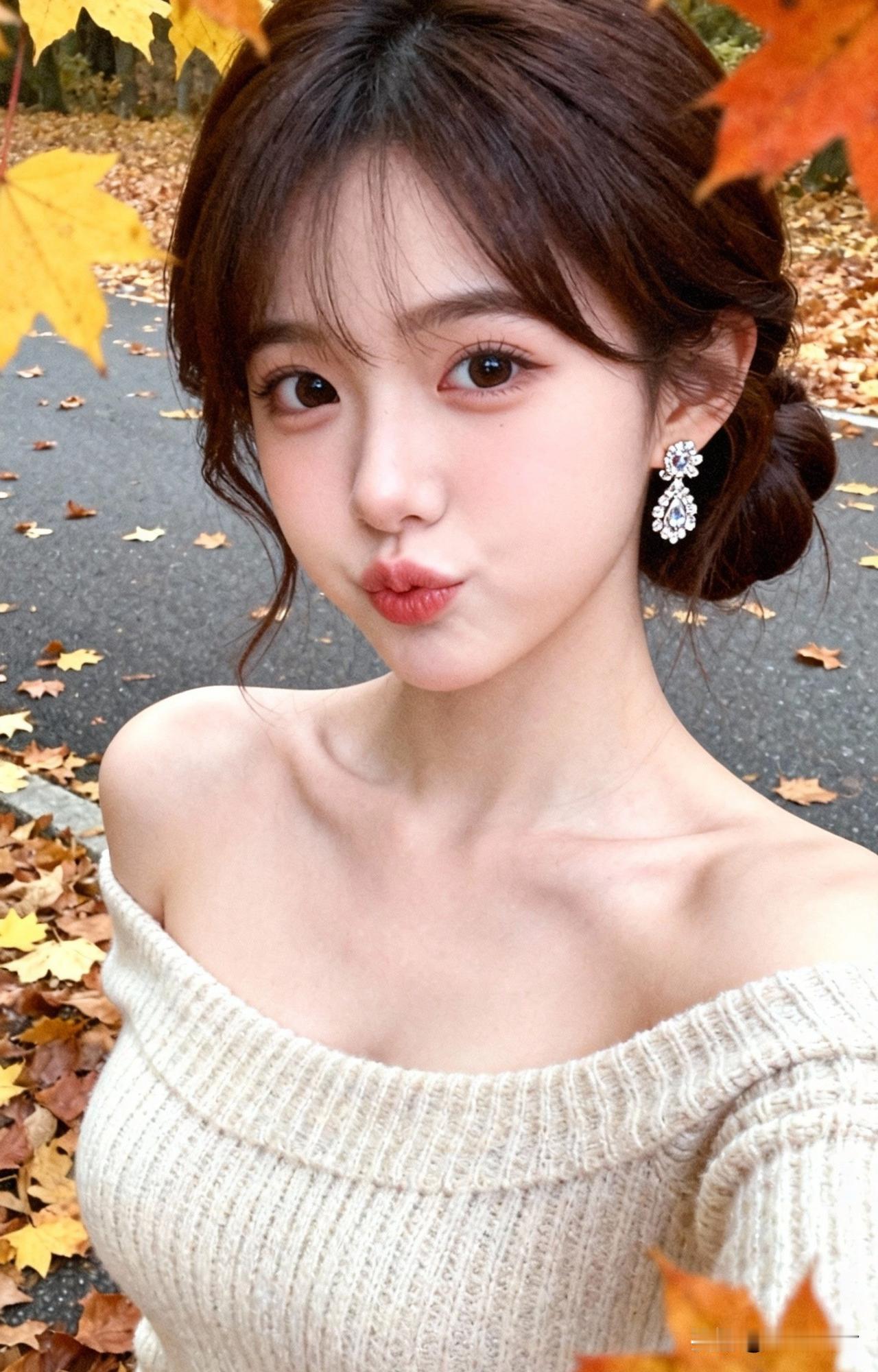 这个女孩在秋天的街道上自拍。