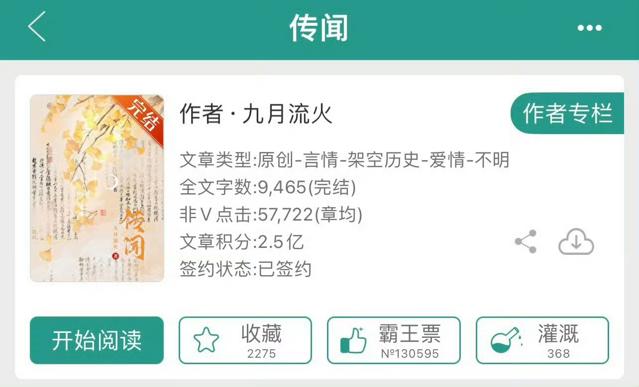 小说推荐：《传闻》 作者:九月流火简评：女一是京中贵女，长得貌美，身份尊贵，从小