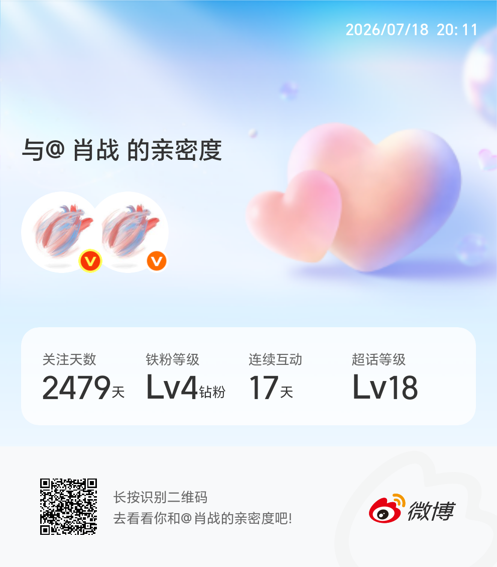 快来看看我与的亲密度！网页链接微博亲密度与肖战的亲密度