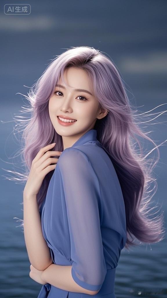 阳光下的温柔少女，海风轻拂发梢，宛如画中仙子。