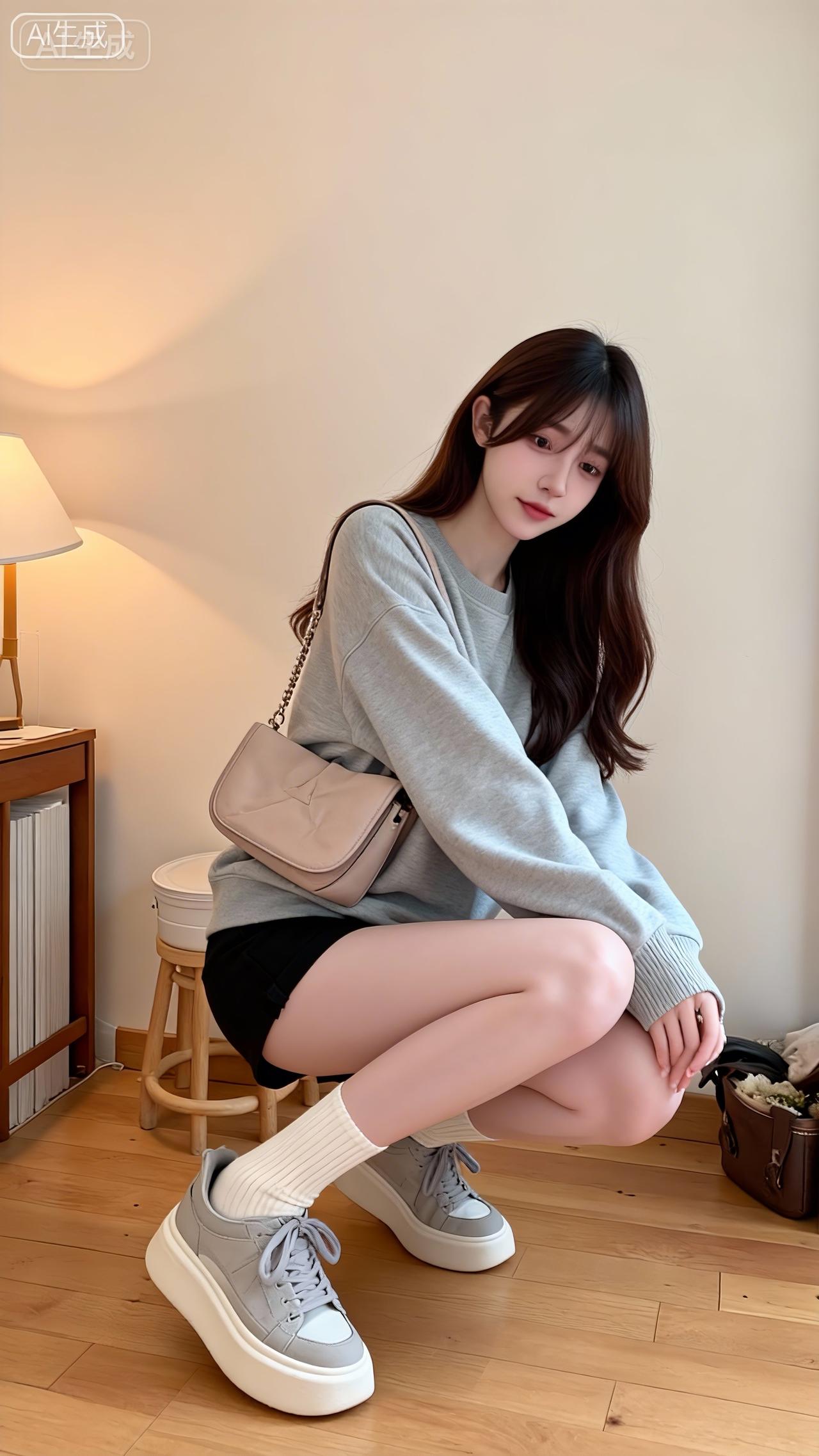 浅灰卫衣裹软光，黑短裤衬着白袜的甜，包包晃出宅家的松弛
日常休闲甜妹风浅灰穿搭 