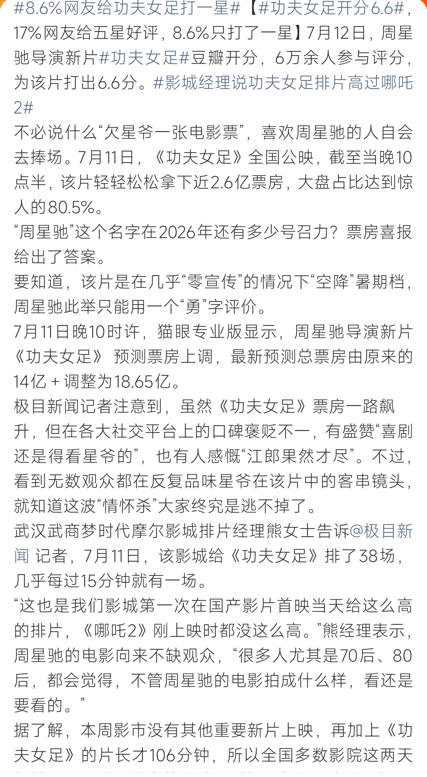 功夫女足豆瓣6.6票房却杀疯了《功夫女足》豆瓣开分6.6口碑两极，首日票房狂揽2