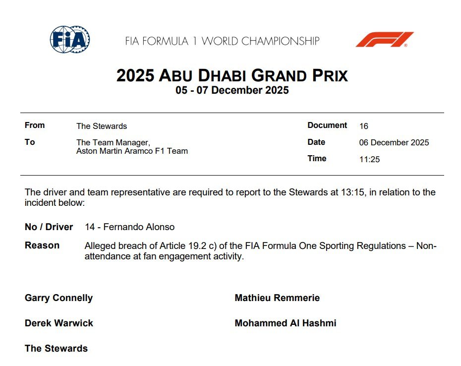 阿斯顿马丁两位车手没有参加粉丝互动活动，被上报赛事干事2025f1阿布扎比大奖赛