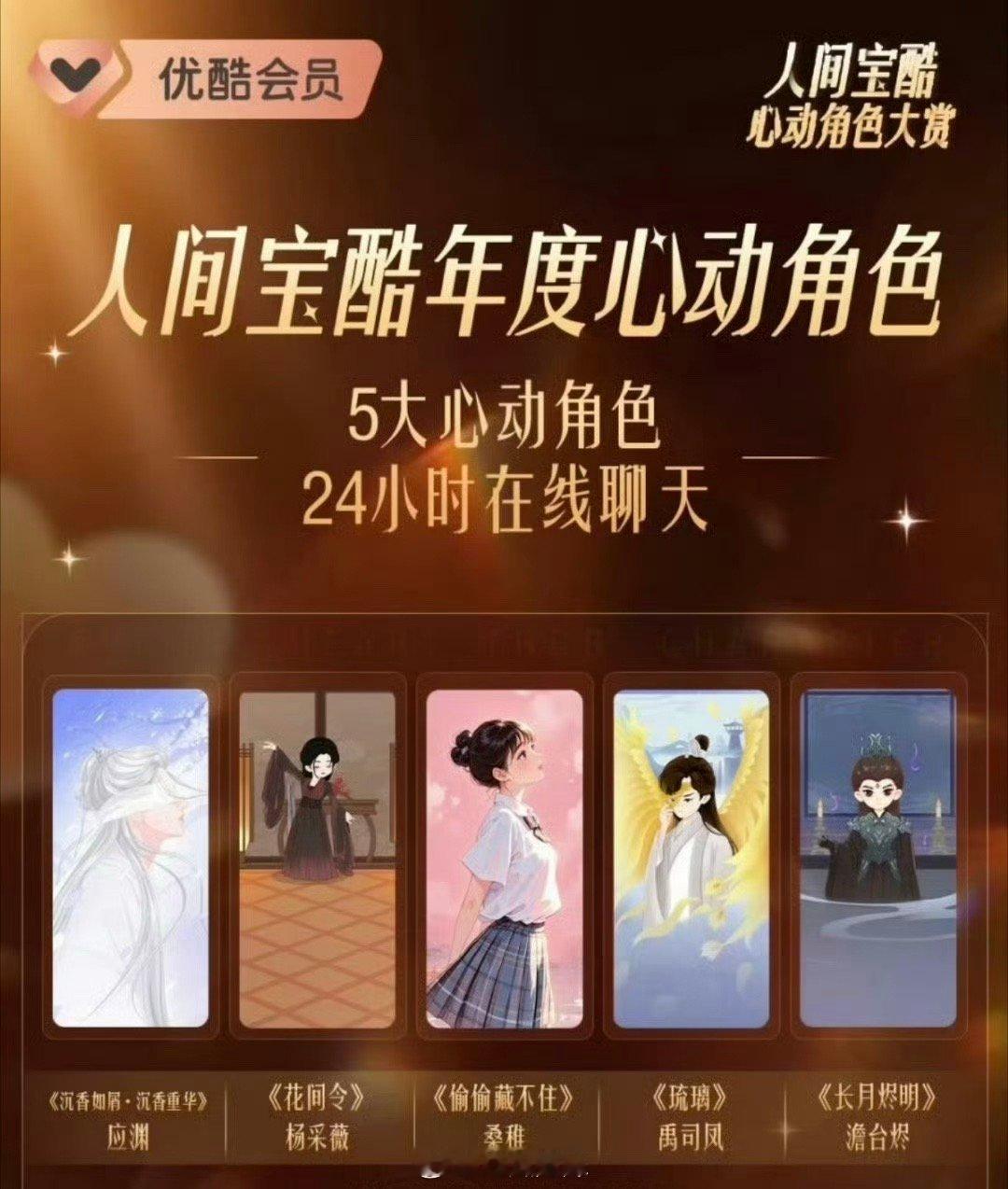 优酷年度心动角色前五 ：成毅 《沉香如屑》应渊、鞠婧祎《花间令》杨采薇、赵露思《