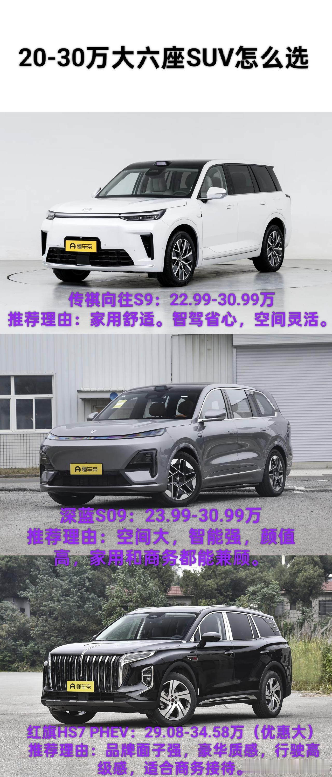 找了三台二三十万的中大型六座混动SUV，主打家用和长途，各有侧重，咱简单唠唠这仨