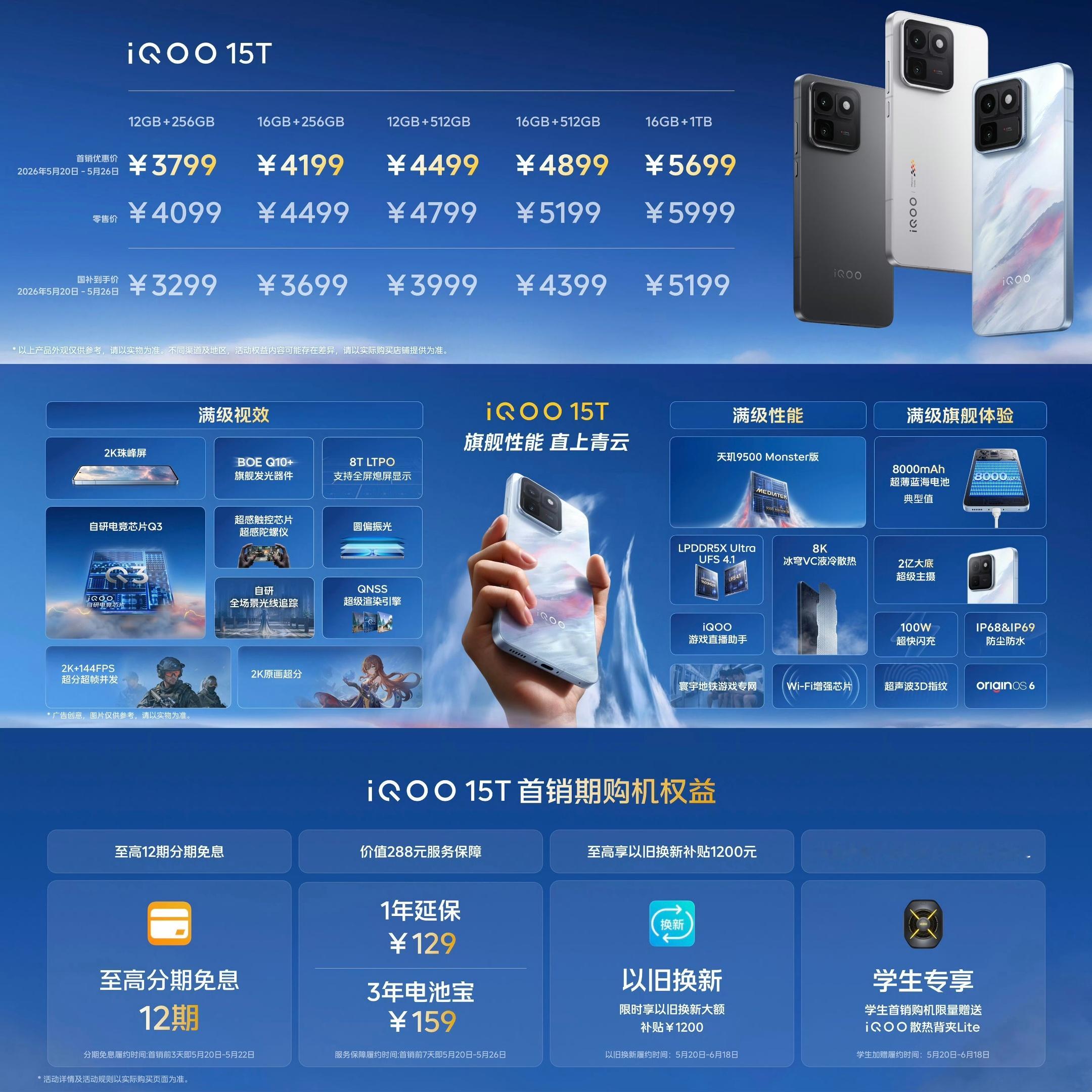 iQOO15T价格来了，起售4099：12+256G，售价4099，首销3799