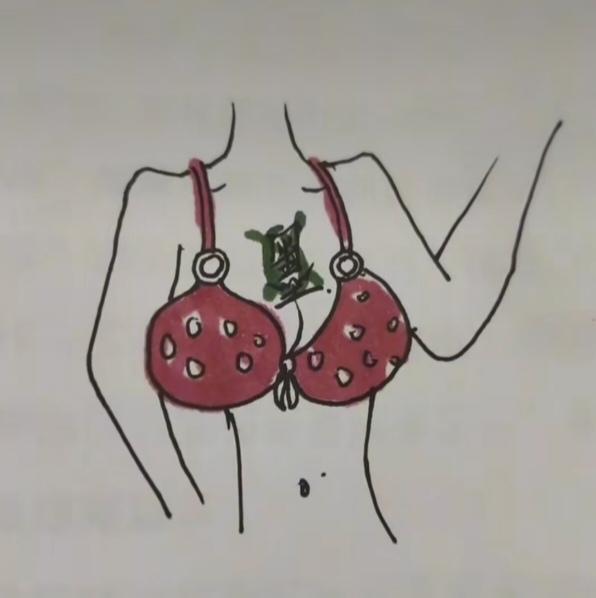 〔看图猜词语〕
图中美女一部分；
画的比较投入些；
胸罩上面有爱字；
就等你猜个