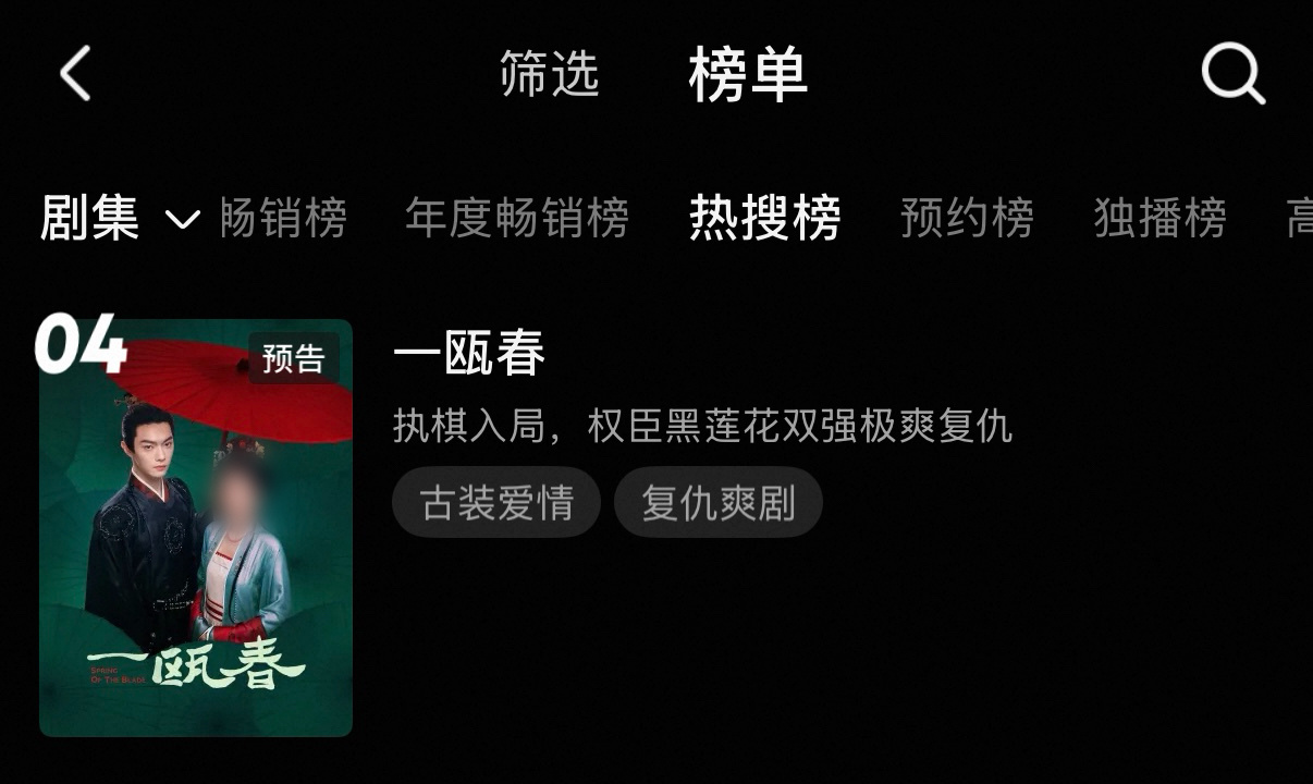 恭喜许凯沈润严瑞《一瓯春》优酷：已成功进入7日畅销榜，预约榜第一，热搜榜第四《一