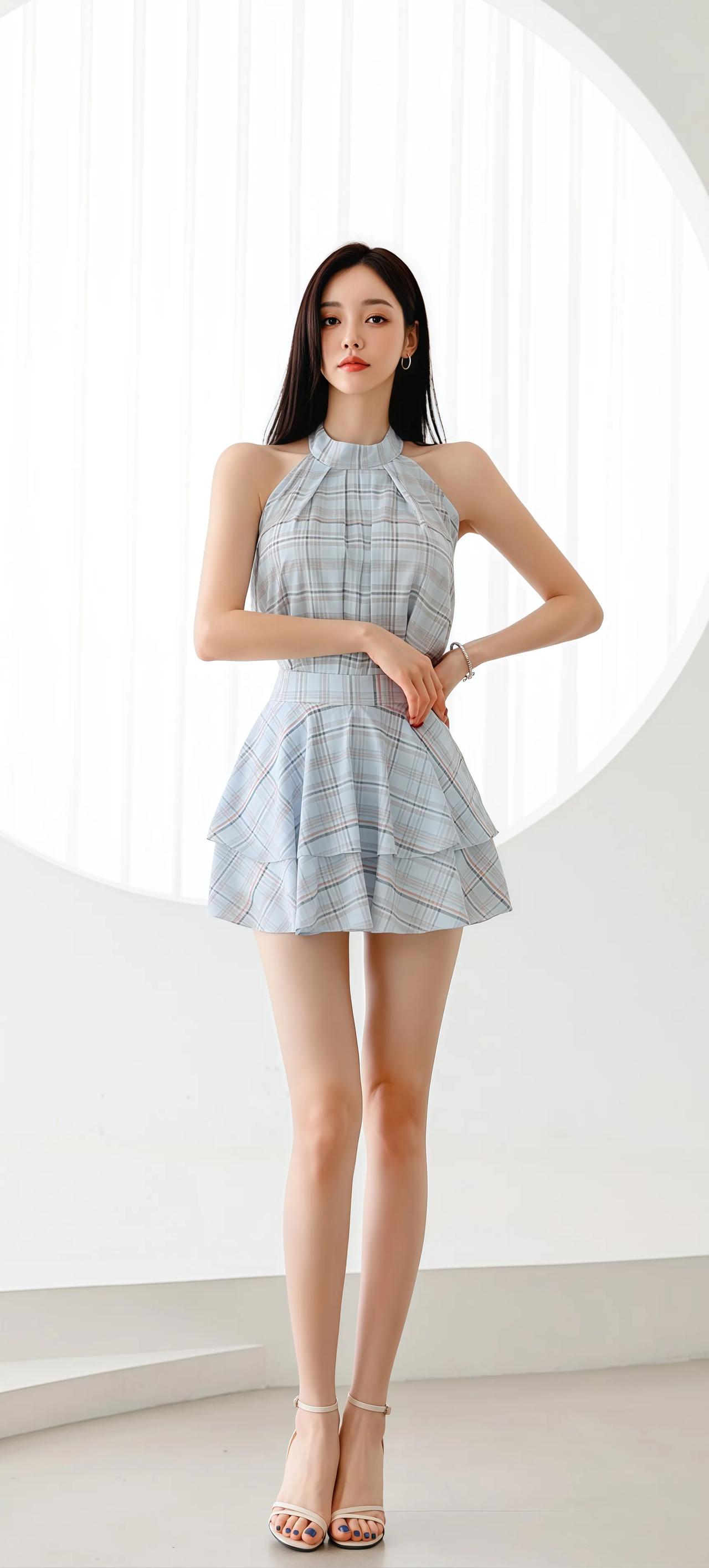 优雅蓝白格裙，甜美少女风，夏日清新穿搭