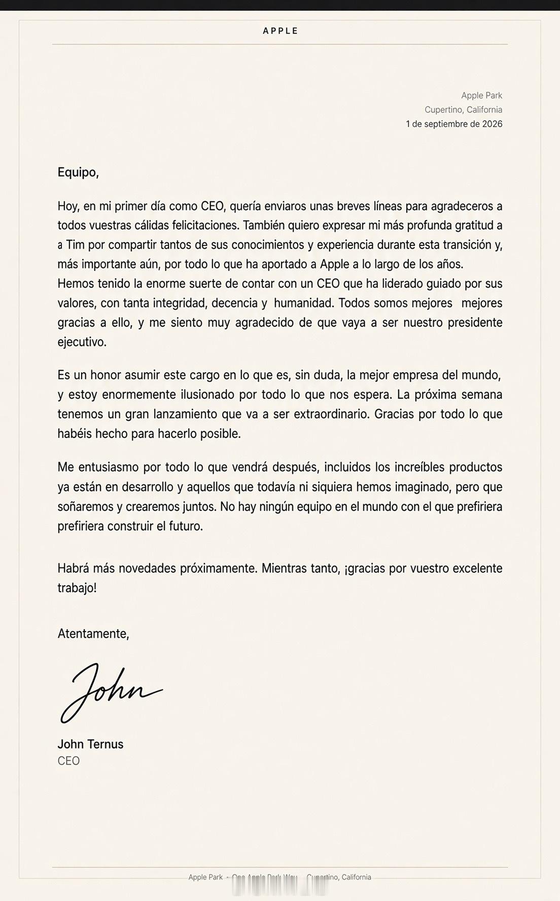 约翰·特努斯在接任苹果公司 CEO 职位后，向全体员工发送了他的第一份内部备忘录