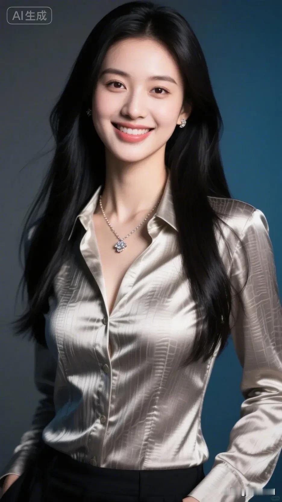 浅金缎面映着柔光，
发丝垂落肩头，
颈间的钻链与耳侧的碎钻相映。
笑意漫过眉眼，