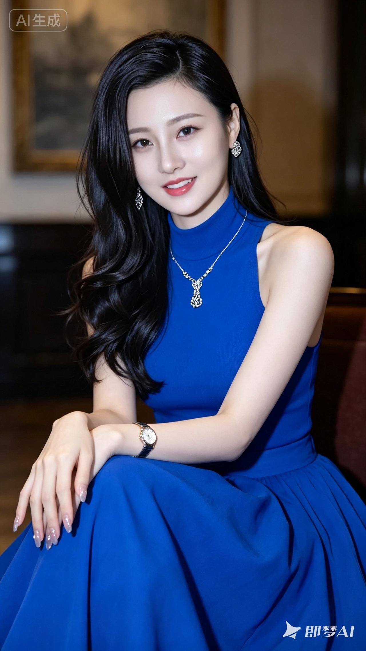 优雅蓝裙，闪耀珠宝，气质女神💙✨
