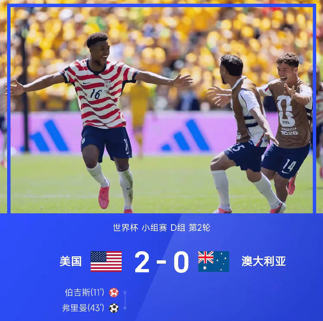 2026世界杯小组赛D组第2轮，美国2-0战胜澳大利亚。上半场，巴洛贡造伯吉斯乌