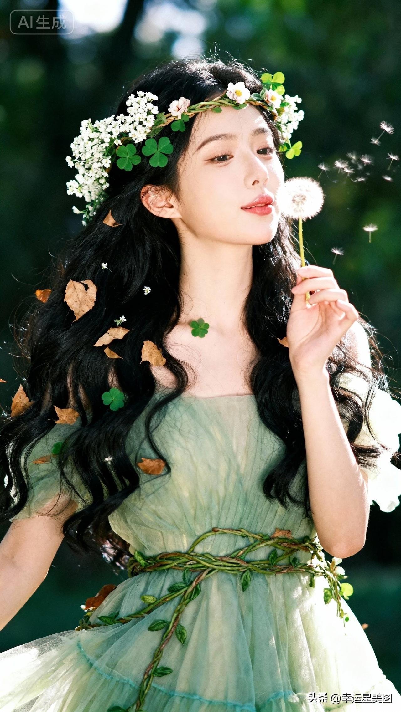 梦幻森林中的精灵，吹着蒲公英，感受自然的美好。