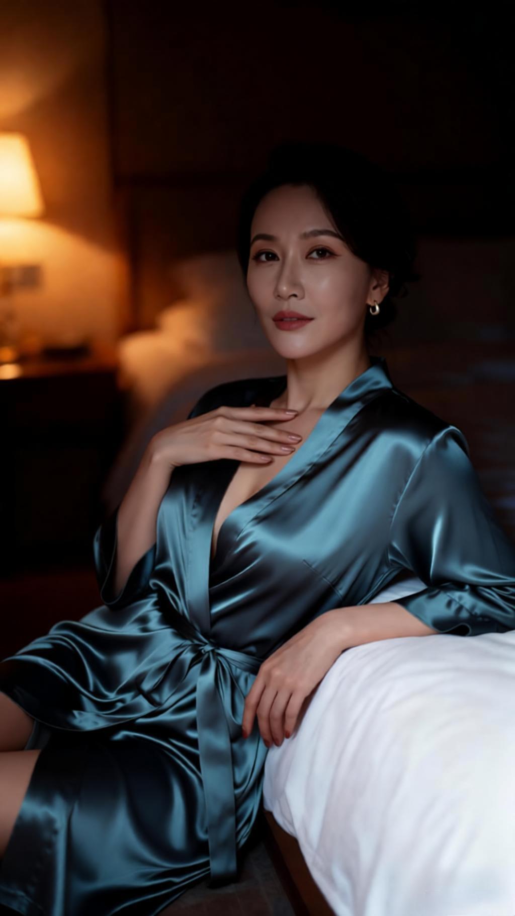被墨蓝丝绸睡袍裹住的美阿姨。