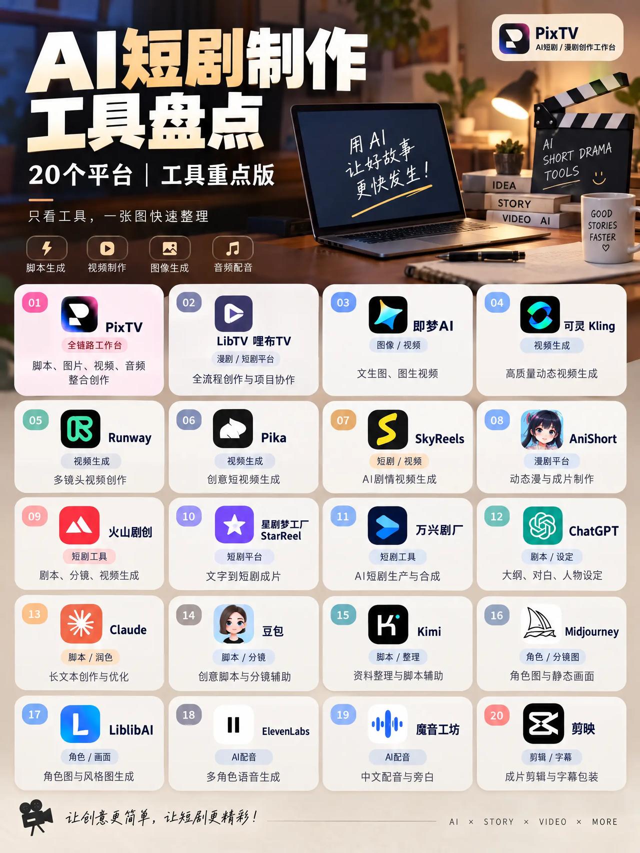 做AI短剧的20个平台，我按环节分了6类

做 AI 短剧我踩过最大的坑，不是工