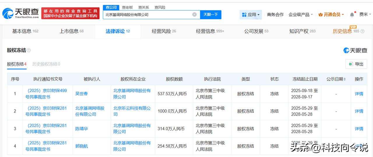 【吴世春被冻结537万股权 吴世春所持537万股权被冻结】
天眼查天眼风险信息显
