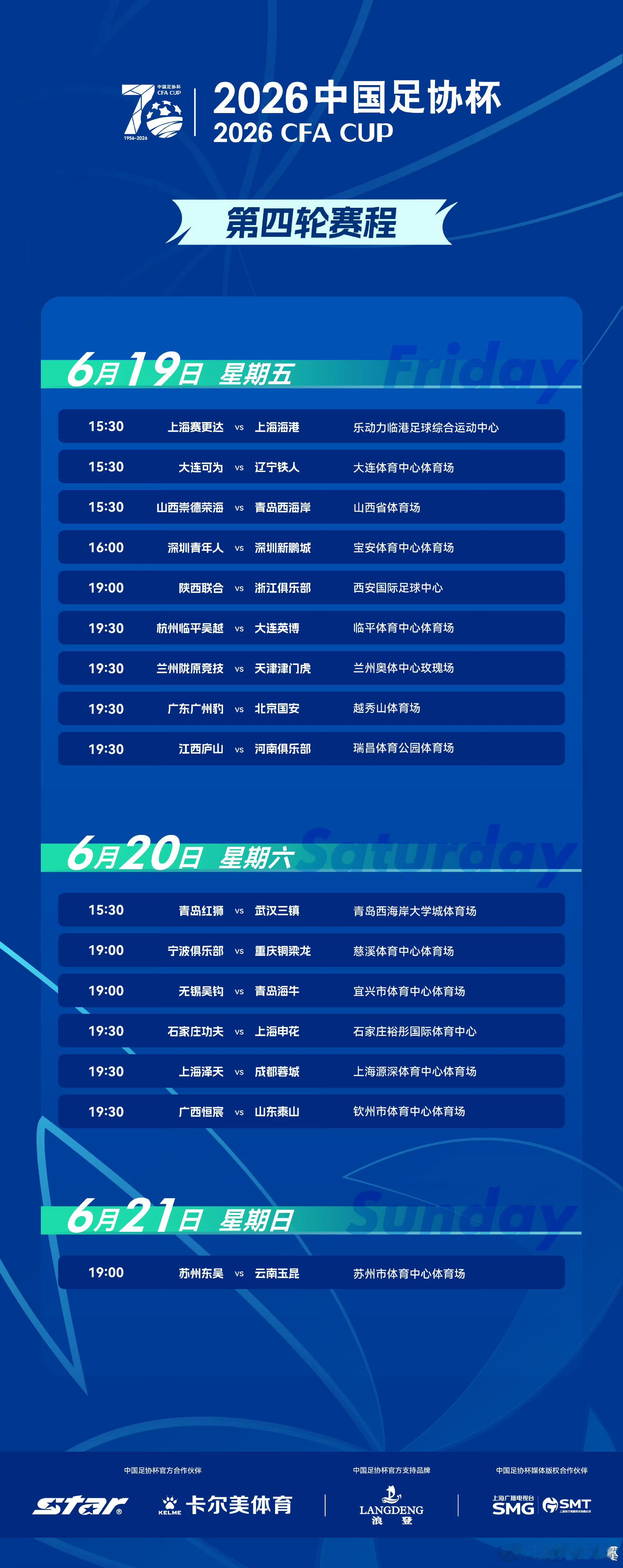 足协杯第四轮赛程出炉！申花6月20日晚客场对阵石家庄功夫！上海申花中国足协杯
