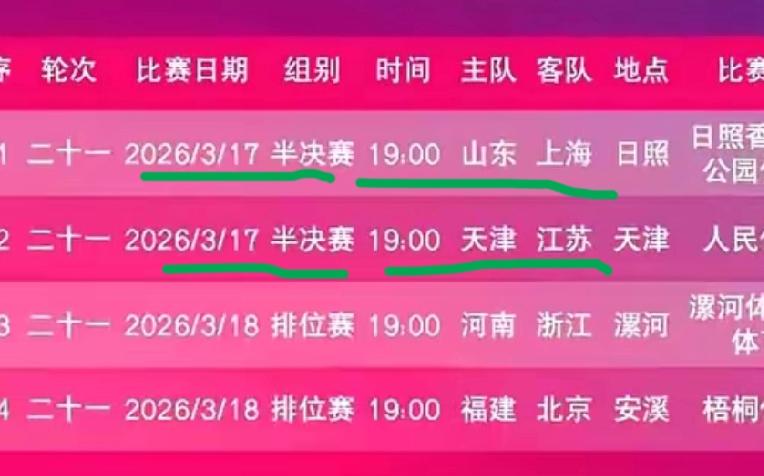 周二半决赛赛程出炉！天津女排周二晚上七点主场作战对阵江苏女排！排超联赛官方今天发