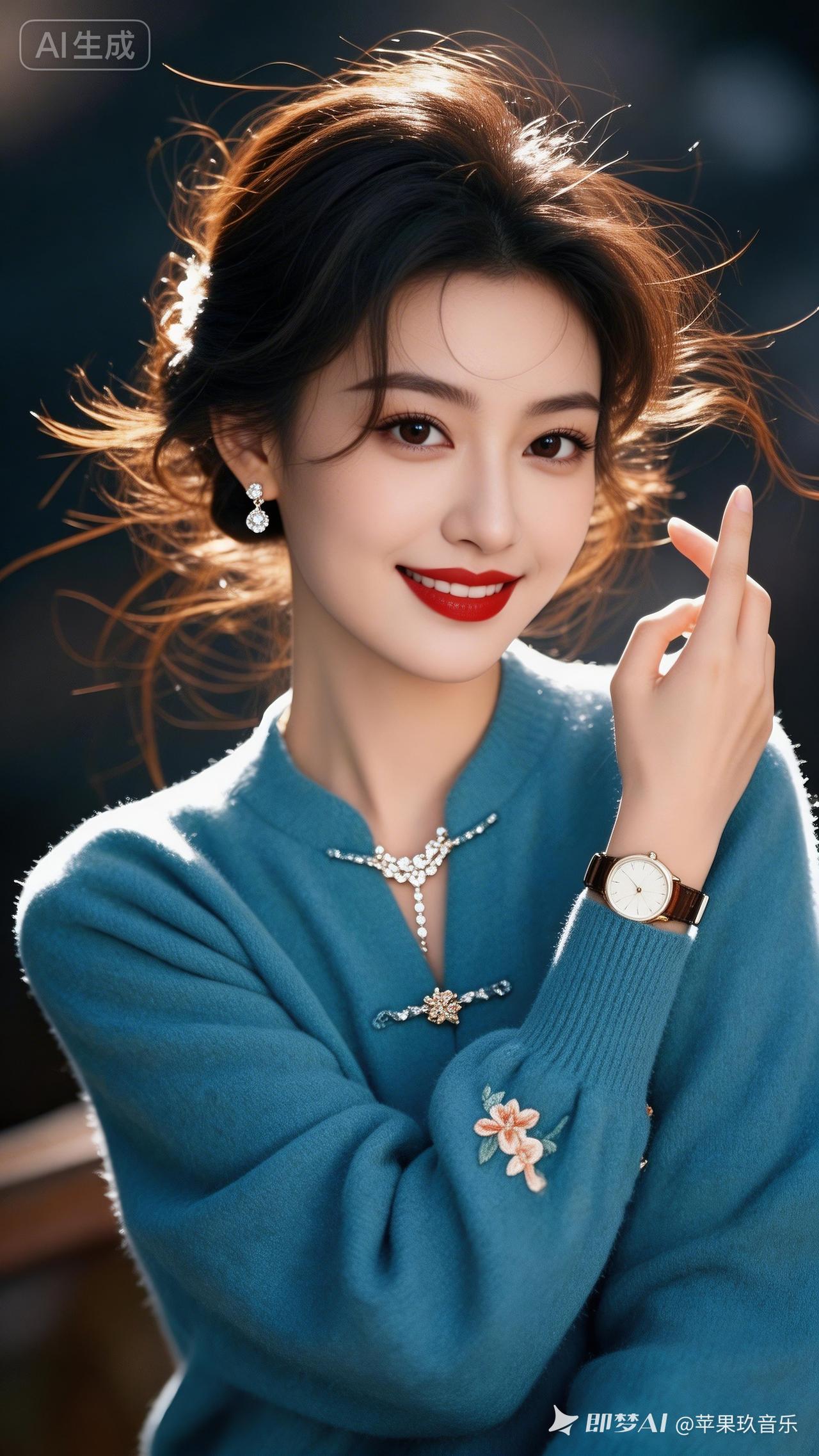 冬日暖阳下的甜美少女，蓝色毛衣搭配珍珠项链，温柔动人。