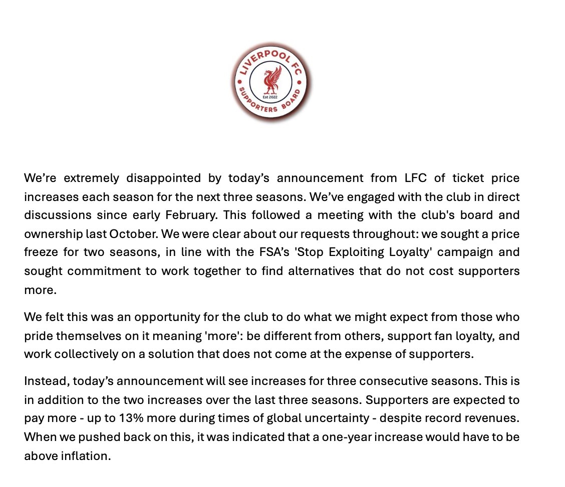 俱乐部宣布下赛季球票价格将上涨 3%，此后两个赛季还将根据通胀水平继续上调球迷委