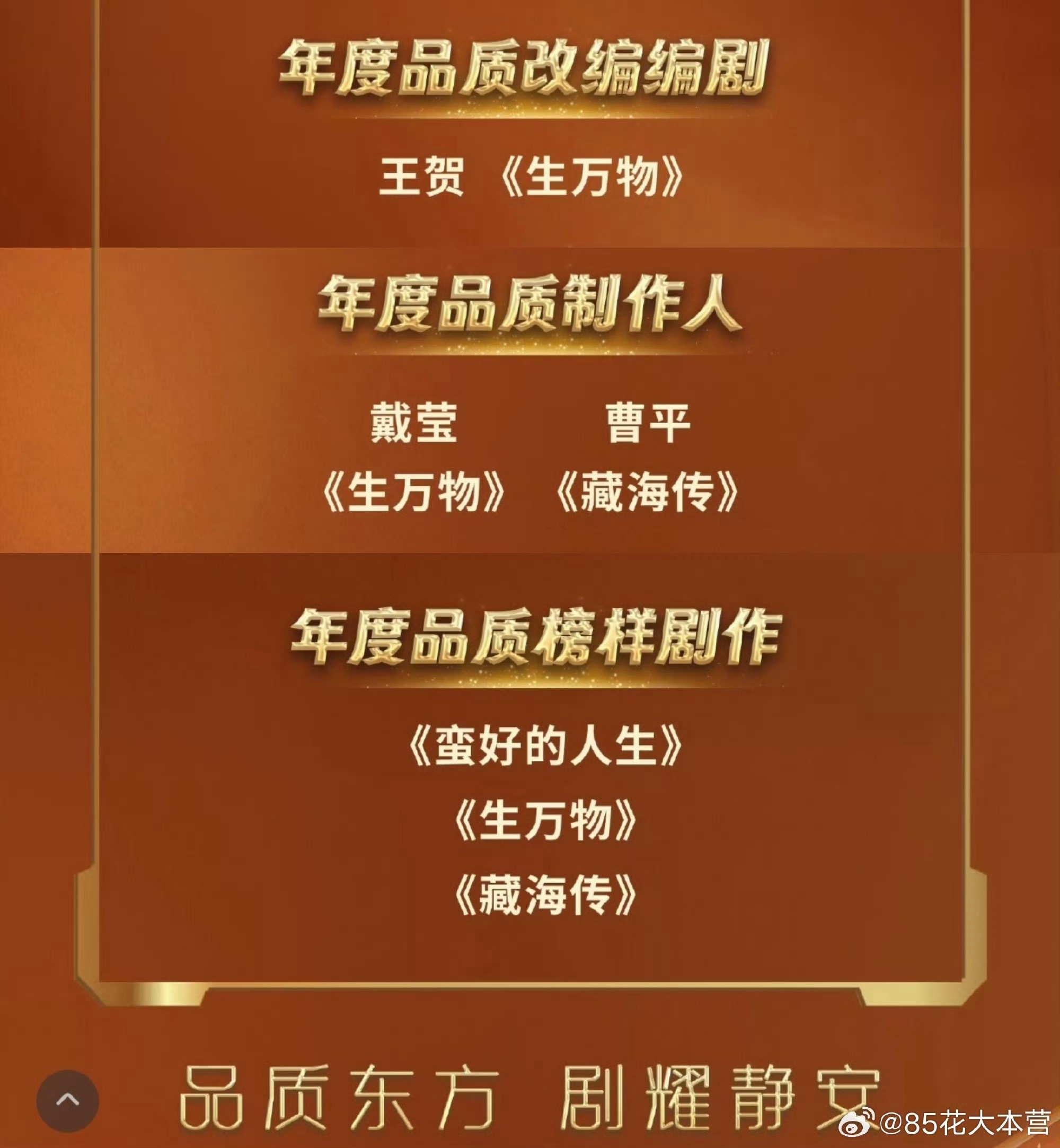 smg东方卫视2026中国电视剧品质盛典杨幂没去，但是生万物也扫了不少奖
