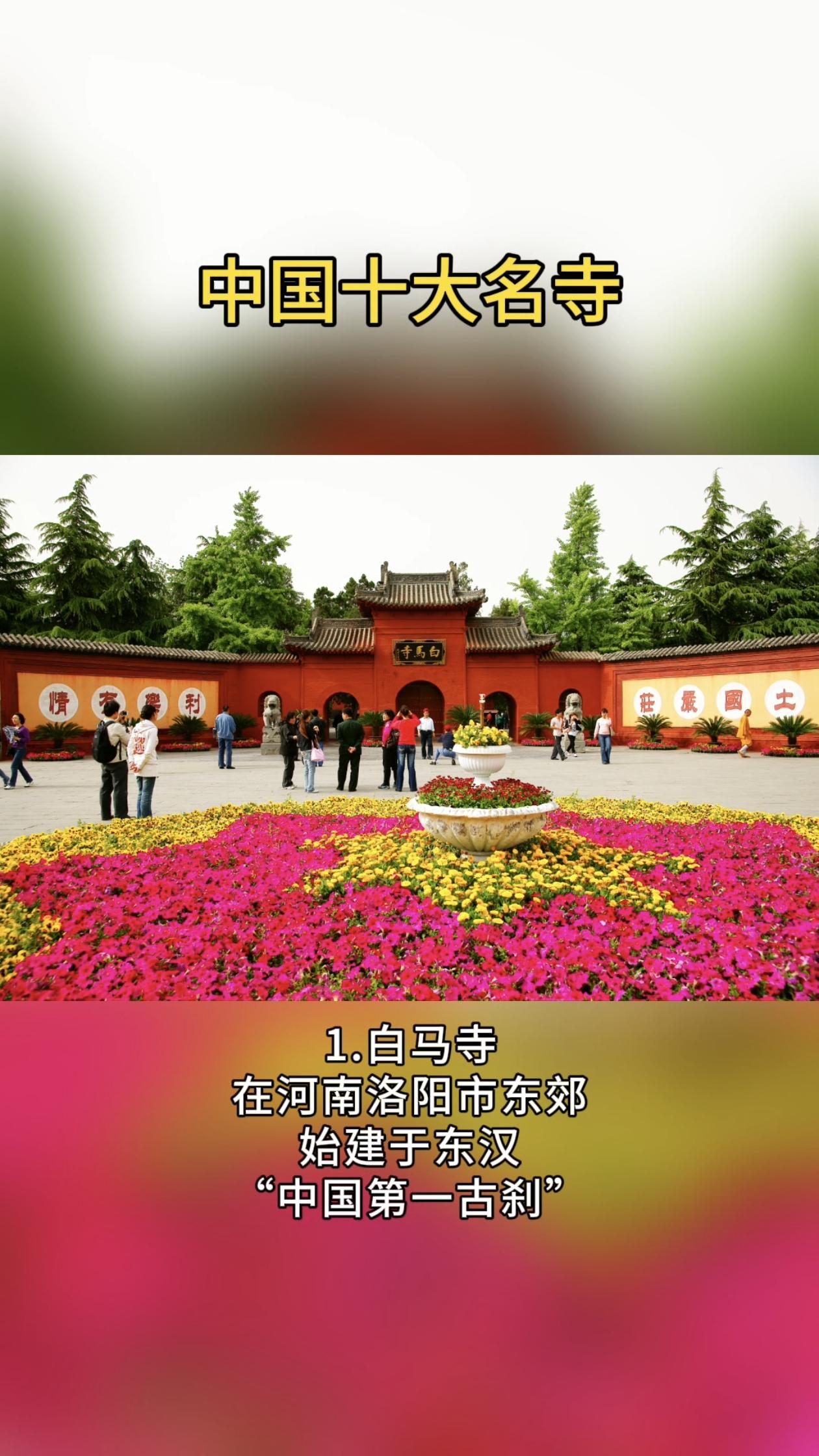 中国十大名寺。中国文化有很强的包容性，在本土生发儒、道文化并传播海内外的同时，也吸收着外来佛教、伊斯兰教等多种文化，融合于中华大地，并一起催生了璀璨的宗教建筑、艺术，中国十大名寺就是其中的典型代表。十大名寺包括中国第一古刹洛阳白马寺，功夫圣地少林寺、江南禅宗灵隐寺、藏传佛教圣地拉萨的大昭寺等。十大名寺说法不一，初图中所列，还有浙江国清寺、福建南普陀寺、陕西法门寺、江西东林寺、江苏栖霞寺、江苏大明寺等名寺可与之并列。（底图/全景视觉，会员已授权）