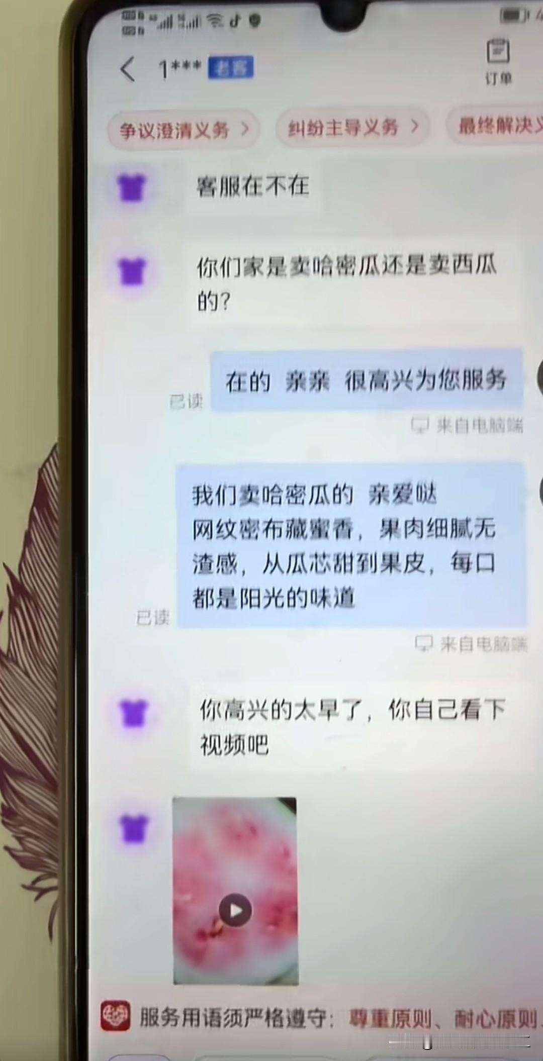 网友，客服你们卖的是西瓜还是哈密瓜

客服，哈密瓜

网友，请看图

这是西瓜劈