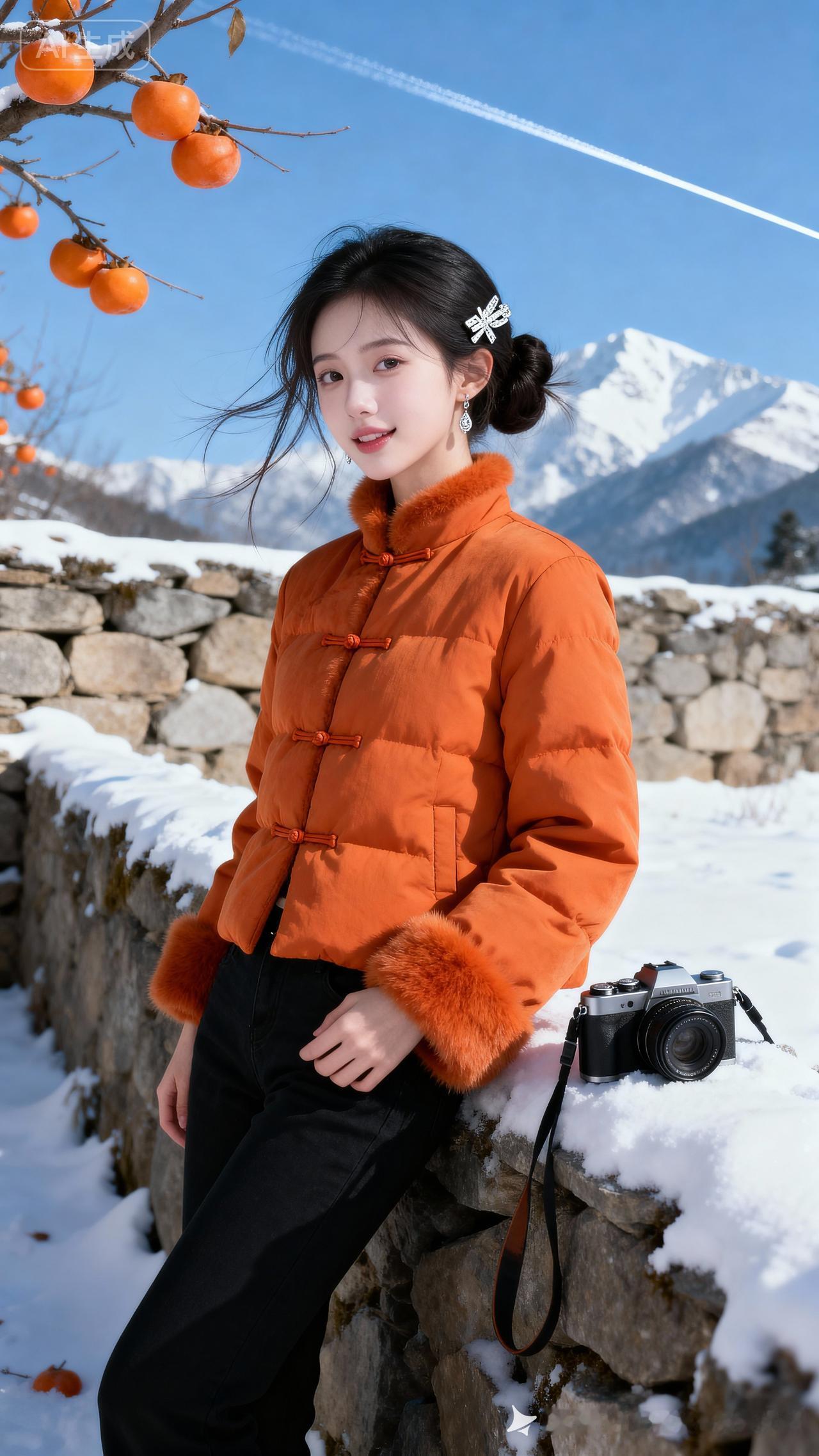 冬日暖阳下，橙衣少女与雪山相伴，相机记录美好瞬间。📸🌞🍊