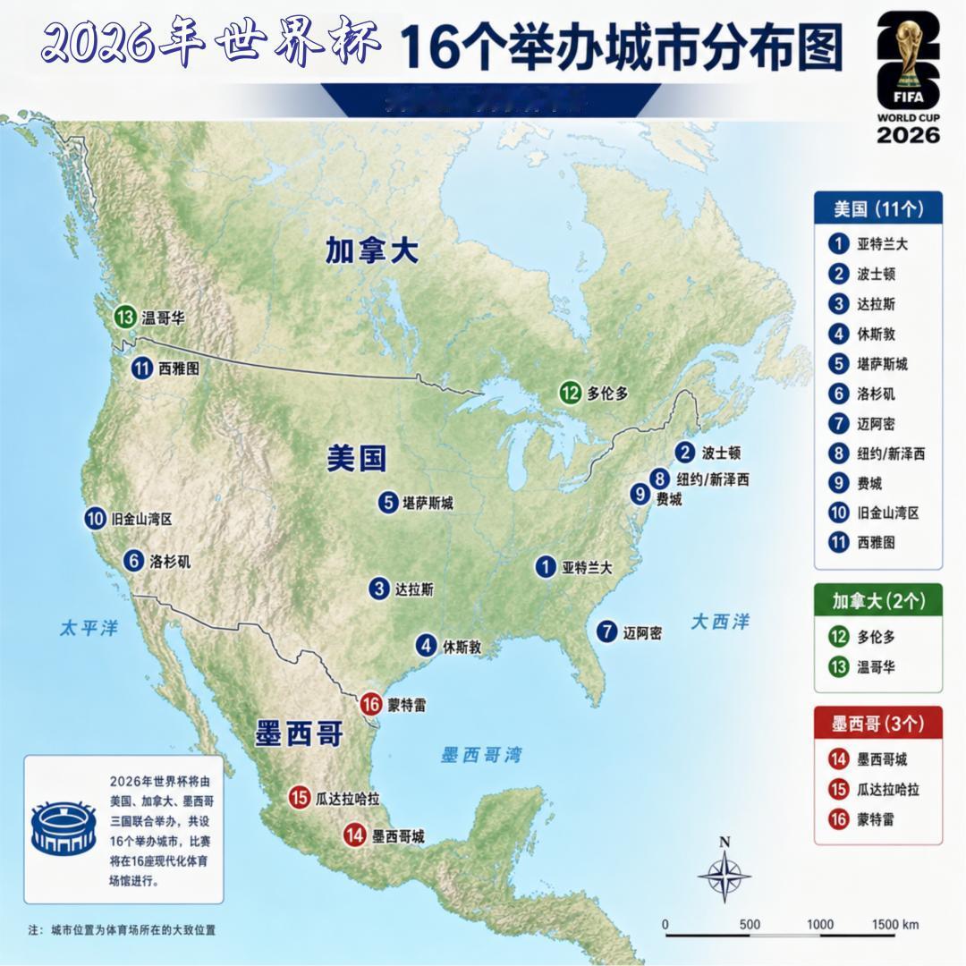 2026年美加墨联合世界杯，共设16个举办城市，覆盖北美大陆，由美国、加拿大、墨