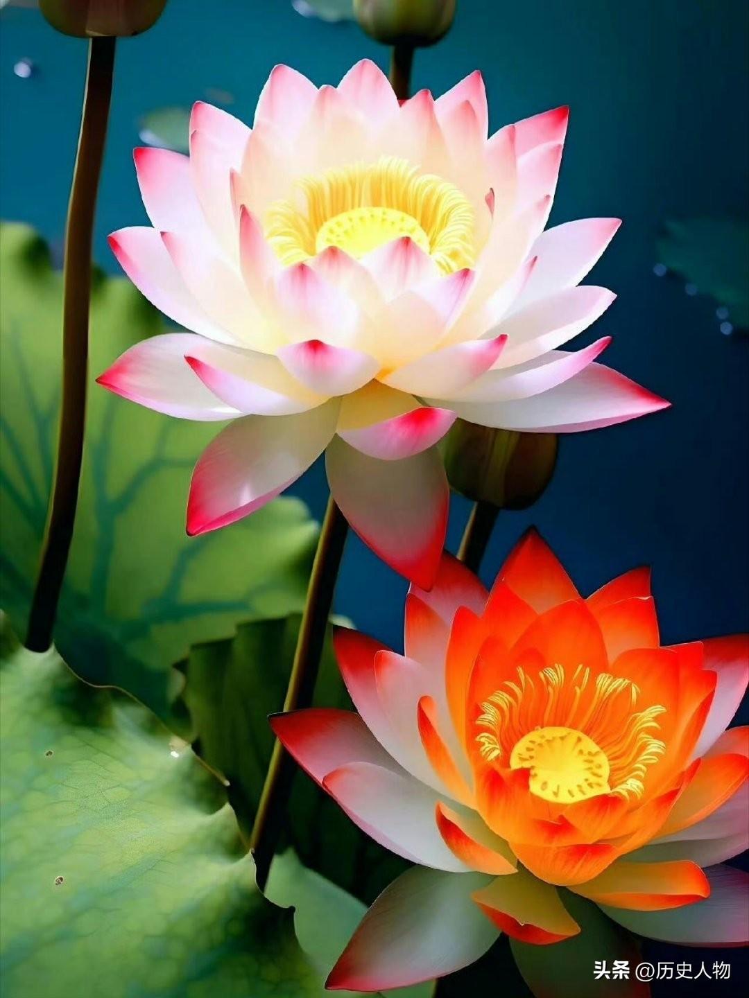 粉嫩的荷花与橙色的莲花交相辉映，宛如一幅水墨画。